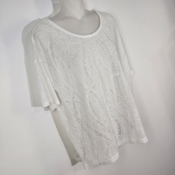 Chicos Womens Top Size 1 US 8 White Knit Semi Sheer Cutout Jaquard Short Sleeve - Picture 4 of 11